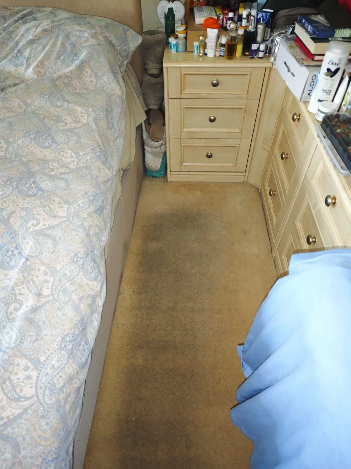 Before: bedroom carpet, years of soiling lifted in a single visit